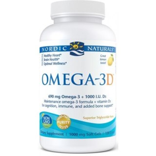 Nordic Naturals Omega-3D 690mg Omega 3 + witamina D3 1000IU 120 kapsułek miękkich o smaku cytrynowym