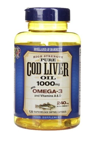 Holland & Barrett Cod Liver Oil 1000mg 120 kapsułek miękkich olej z wątroby dorsza