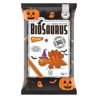 BIOSAURUS Chrupki kukurydziane Dinozaury HALLOWEEN o smaku pizzy BIO 50 g